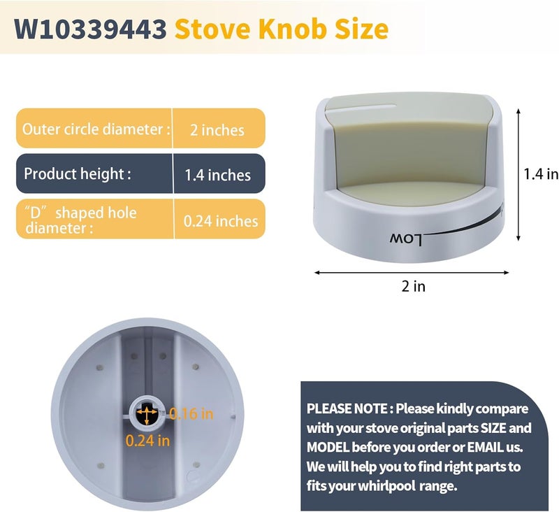 Allstare مقبض محسن للموقد W10339443 لقطع غيار مواقد الغاز من Whirlpool، مقبض الفرن WFG505M0BS0، WFG505M0BS3، WFG320M0BW0، WPW10339443، لون أبيض، للتحكم في موقد الغاز من Whirlpool، 1 قطعة. - Image 2