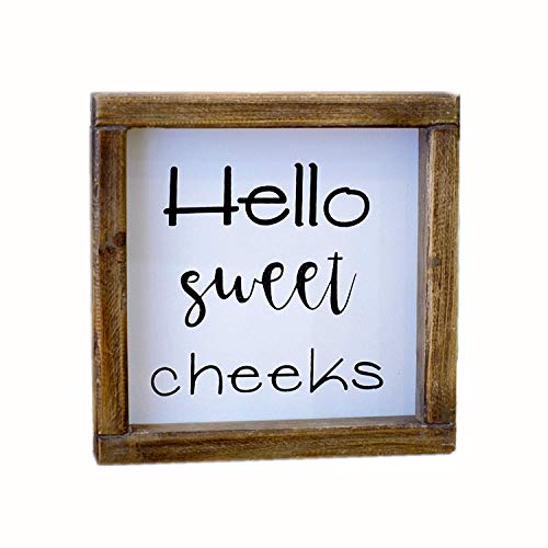 Lavender Inspired Hello Sweet Cheeks Rustic Bathroom Sign- Funny Bathroom Wall Decor-Farmhouse Shelf Sitter Signs-Guest Bath-Powder Room Decor-Housewarming Gifts 7x7 - Image 1