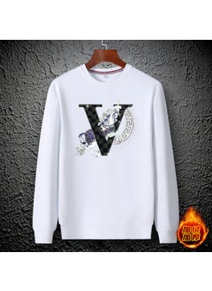 Generic 2023 Autumn Trendy European Style Mens Youth Thick Work Embroidered Sweatshirt Round Neck Fashionable Base Layer Top White fleece-lined  - Image 1