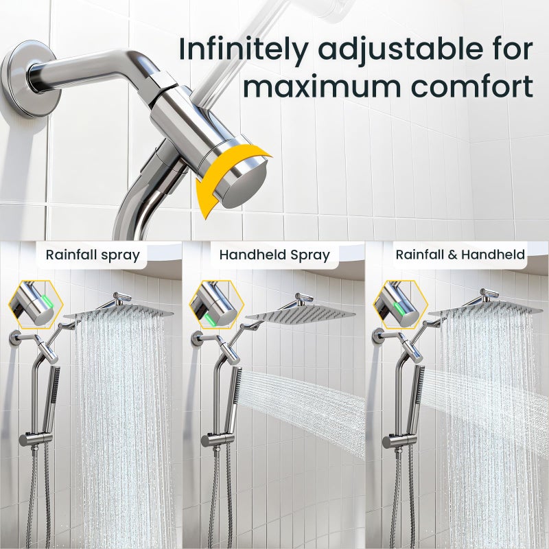 Veken 10" Luxurious Rain Shower Head with Handheld, High Pressure Rainfall Shower Heads wih Extension Arm, Wide Dual Showerhead with Spray Combo, Bathroom Accessories, Chrome, Silver - Image 4