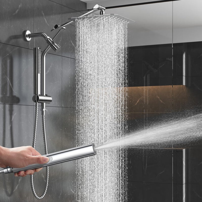 Veken 10" Luxurious Rain Shower Head with Handheld, High Pressure Rainfall Shower Heads wih Extension Arm, Wide Dual Showerhead with Spray Combo, Bathroom Accessories, Chrome, Silver - Image 1