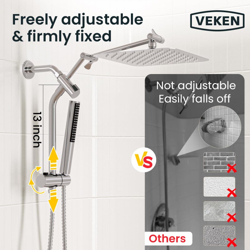 Veken 10" Luxurious Rain Shower Head with Handheld, High Pressure Rainfall Shower Heads wih Extension Arm, Wide Dual Showerhead with Spray Combo, Bathroom Accessories, Chrome, Silver - Image 2