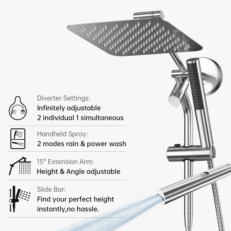 Veken 10" Luxurious Rain Shower Head with Handheld, High Pressure Rainfall Shower Heads wih Extension Arm, Wide Dual Showerhead with Spray Combo, Bathroom Accessories, Chrome, Silver - Image 3