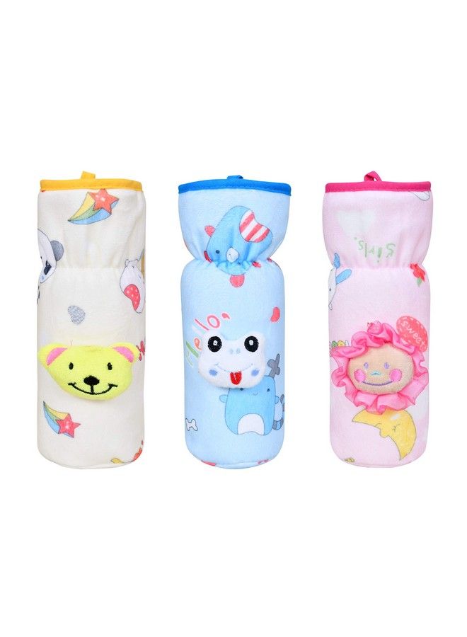 The Little Lookers Soft Plush Stretchable Baby Feeding Bottle Cover With Easy To Hold Strap ; Cute Animated Overall Print Pack Of 3 (Multicolor Narrow Neck 240Ml 8Oz)
