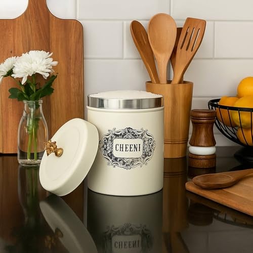 Elan Bergen Cheeni Stainless Steel Food Storage Canister Cookies Box Kitchen Staples Jar Round Grocery Container Dabba (Ivory) - Image 2