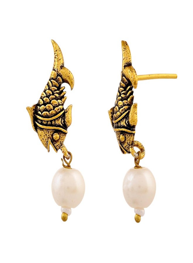 Voylla Qasbah Mahi Gold Antique Stud Earrings For Women, Oxidised Stud Earrings For Women, Dual Tone, Everyday, Festive, Diwali, Karwachauth, Gift For Her - Image 1