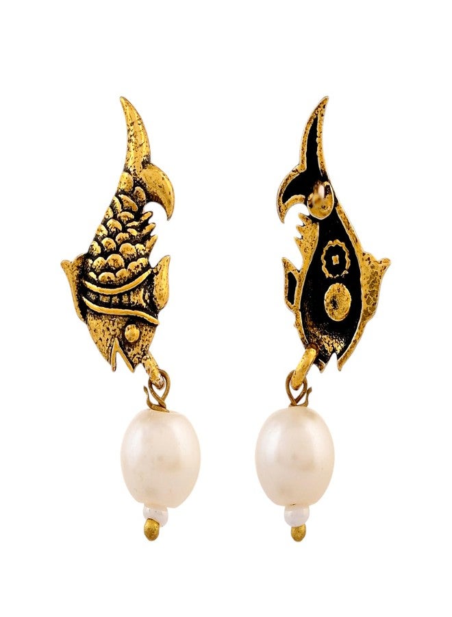 Voylla Qasbah Mahi Gold Antique Stud Earrings For Women, Oxidised Stud Earrings For Women, Dual Tone, Everyday, Festive, Diwali, Karwachauth, Gift For Her - Image 5