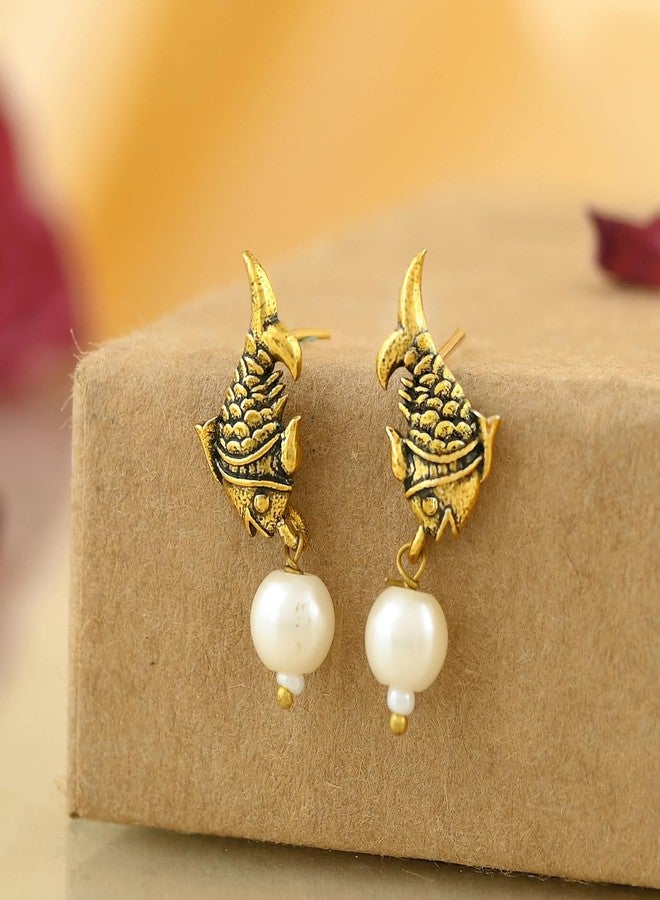 Voylla Qasbah Mahi Gold Antique Stud Earrings For Women, Oxidised Stud Earrings For Women, Dual Tone, Everyday, Festive, Diwali, Karwachauth, Gift For Her - Image 2