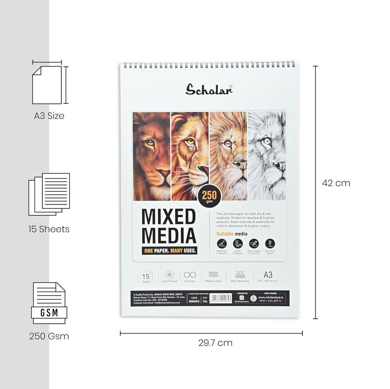 Scholar دفتر وسائط مختلطة (250 جرام لكل متر مربع مضغوط بارد حبة متوسطة) (وايرو) (A3) (MMW3) - Image 2