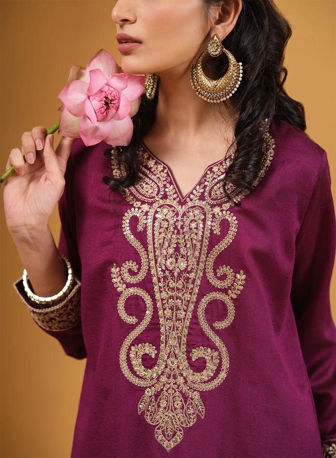 ISHIN Women's Purple Silk Blend Embellished Tunic Upperwear Calf Length Palazzo Bottomwear Straight Fit 3 Peice Kurta Set - Image 5