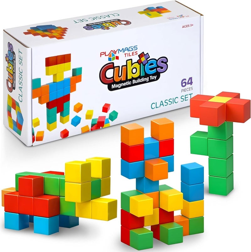 Playmags Magnetic Blocks Building Toy, 64-Piece Magnetic Cube Mint Toy for Toddlers and Children, Preschool, Educational Sensory Construction Block Toy for Boys and Girls - Image 1