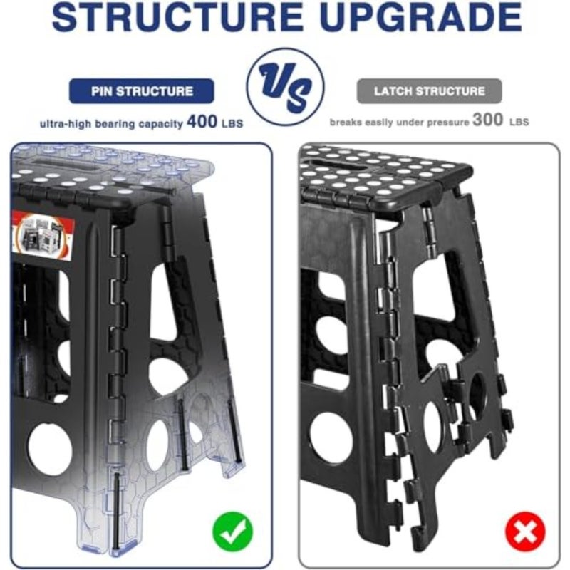Folding Step Stool 16 Inch Heavy Duty Plastic For Adults and With Handle Kitchen, Home, Office Use Holds Up to 400 lbs Compact Foldable Design - Image 2