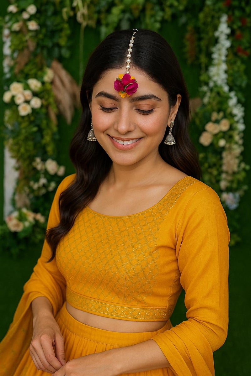 TRENDING HUT Floral Gotta Patti Maang TIkka for Haldi Ceremony/Bride/Baby Shower Engagement Wedding Maangtikka for Women & Girls Ethnic and Traditional Gota and Flower Jewellery. (20) - Image 2