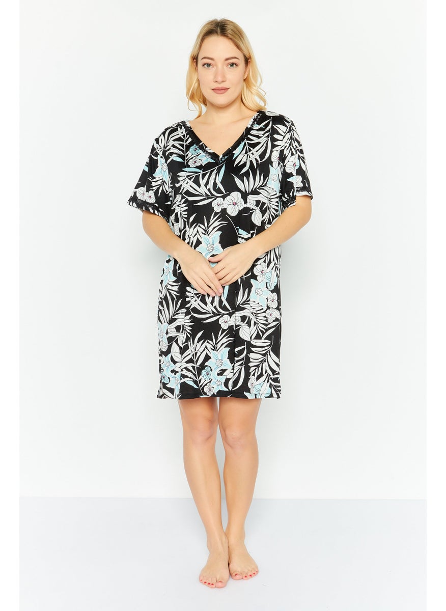 Flora By Flora Nikrooz - Women Floral Print Sleepwear Dress, Black - Image 1