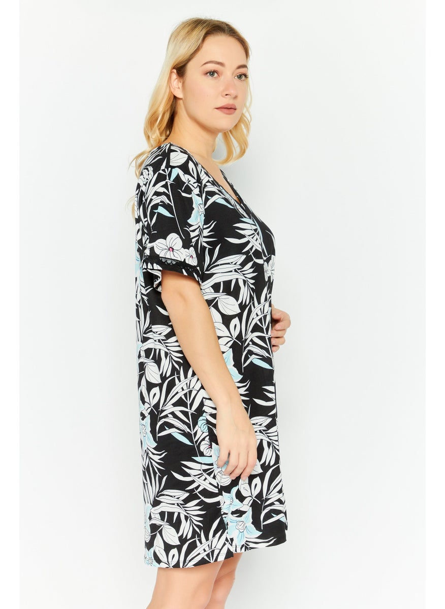 Flora By Flora Nikrooz - Women Floral Print Sleepwear Dress, Black - Image 1