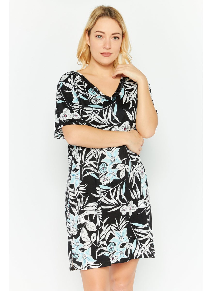 Flora By Flora Nikrooz - Women Floral Print Sleepwear Dress, Black - Image 1