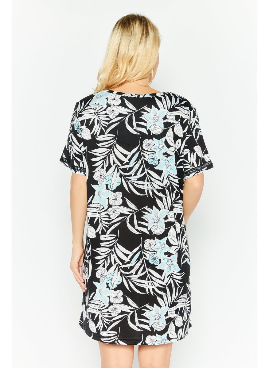 Flora By Flora Nikrooz - Women Floral Print Sleepwear Dress, Black - Image 1