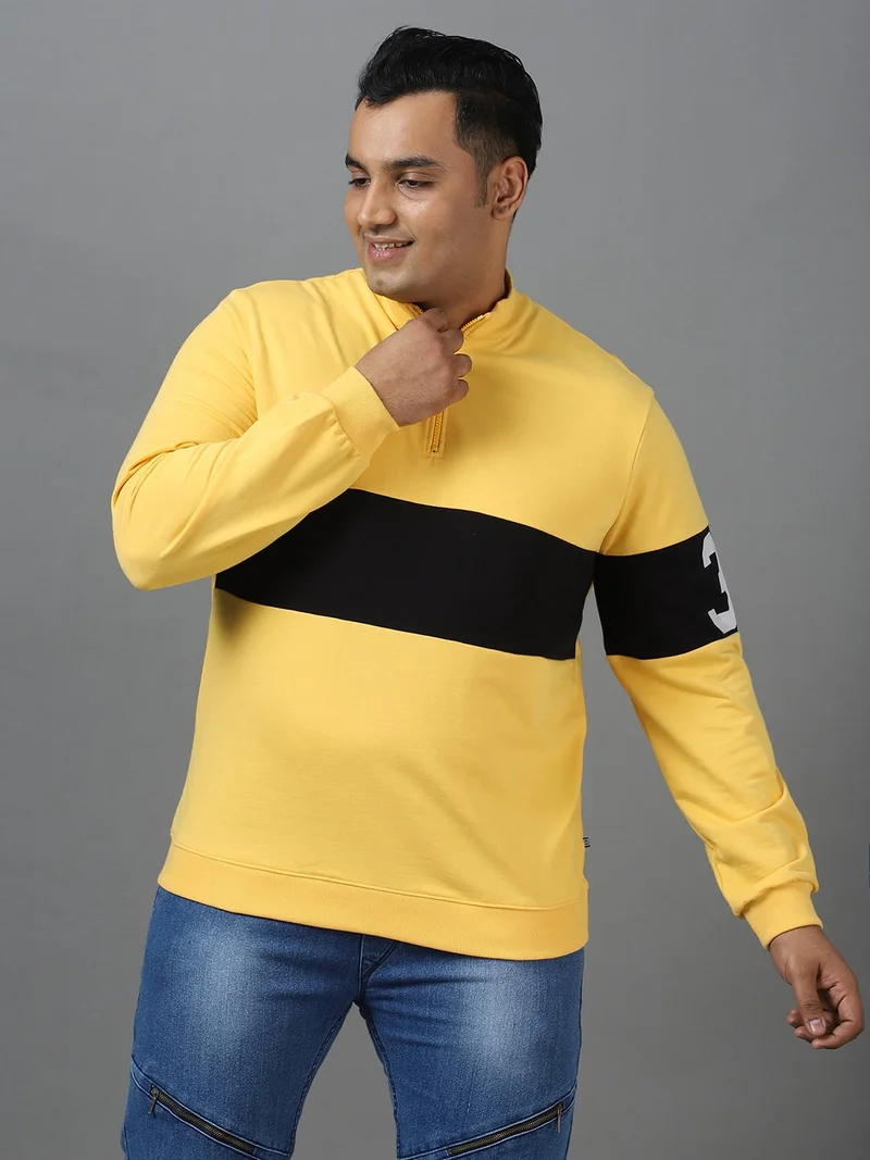 Urbano Plus Men's Yellow Cotton Color Block Round Neck Sweatshirt