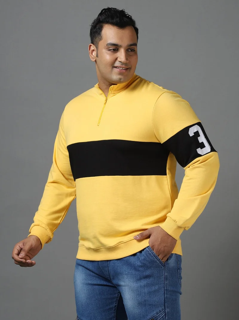 Urbano Plus Men's Yellow Cotton Color Block Round Neck Sweatshirt