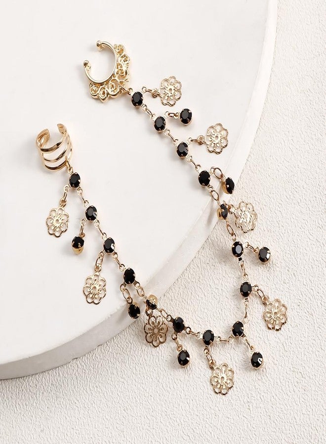 Wiwpar Gold Flower Nose Hoop Chain Rings Black Crystal Pendent Non Piercing Nose Rings Nose to Ear Chain Indian Fake Septum Ring Nose Body Jewelry Nose Dangle Earrings for Women (Style6) - Image 4