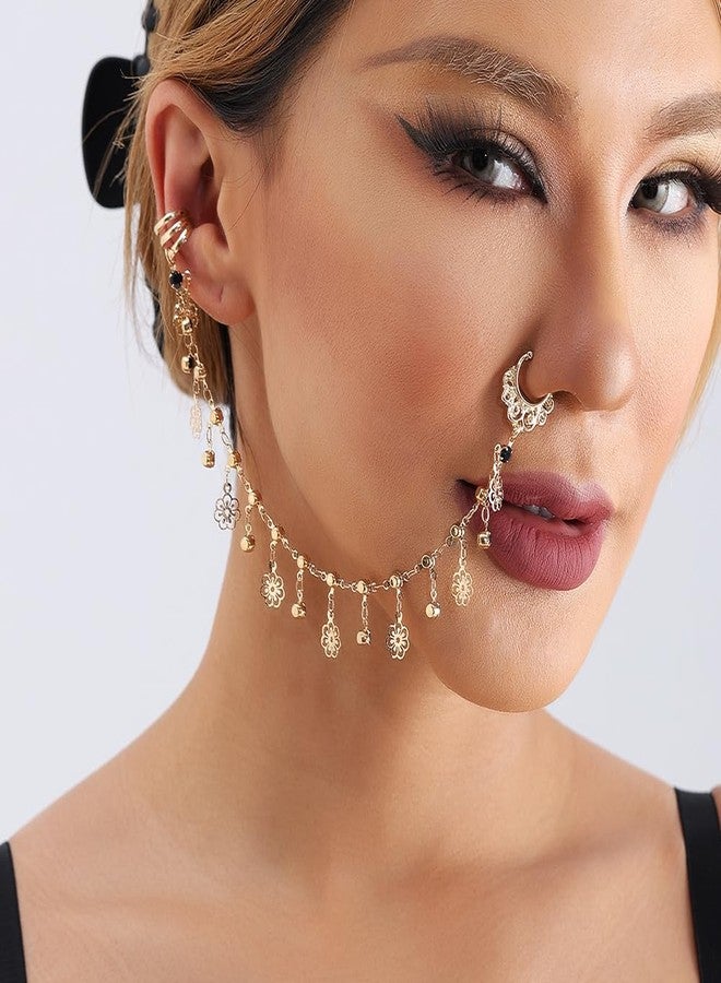 Wiwpar Gold Flower Nose Hoop Chain Rings Black Crystal Pendent Non Piercing Nose Rings Nose to Ear Chain Indian Fake Septum Ring Nose Body Jewelry Nose Dangle Earrings for Women (Style6) - Image 2