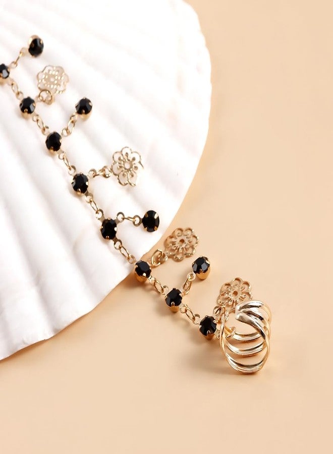 Wiwpar Gold Flower Nose Hoop Chain Rings Black Crystal Pendent Non Piercing Nose Rings Nose to Ear Chain Indian Fake Septum Ring Nose Body Jewelry Nose Dangle Earrings for Women (Style6) - Image 3