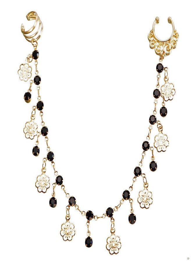 Wiwpar Gold Flower Nose Hoop Chain Rings Black Crystal Pendent Non Piercing Nose Rings Nose to Ear Chain Indian Fake Septum Ring Nose Body Jewelry Nose Dangle Earrings for Women (Style6) - Image 5