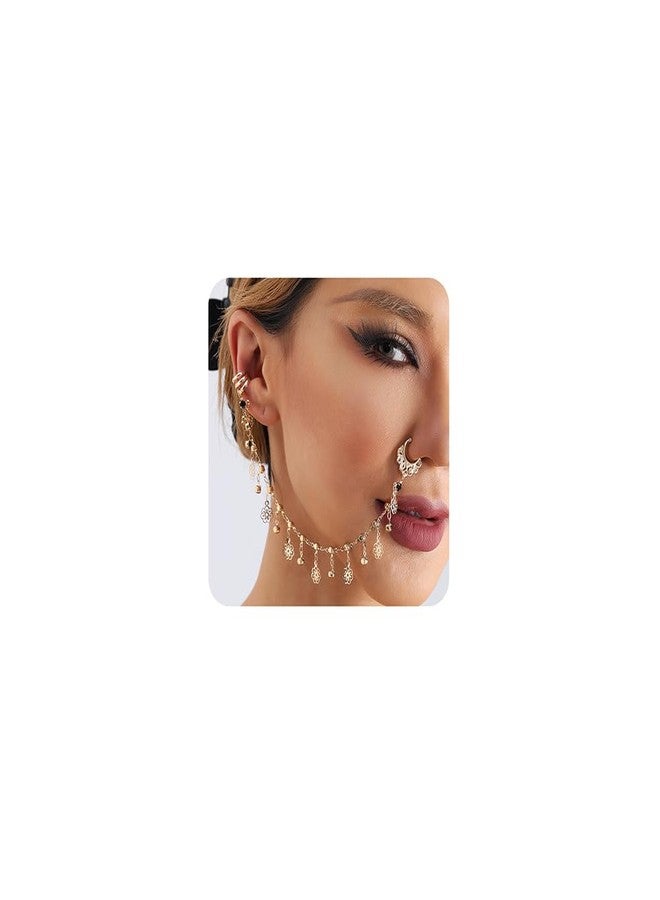 Wiwpar Gold Flower Nose Hoop Chain Rings Black Crystal Pendent Non Piercing Nose Rings Nose to Ear Chain Indian Fake Septum Ring Nose Body Jewelry Nose Dangle Earrings for Women (Style6) - Image 1