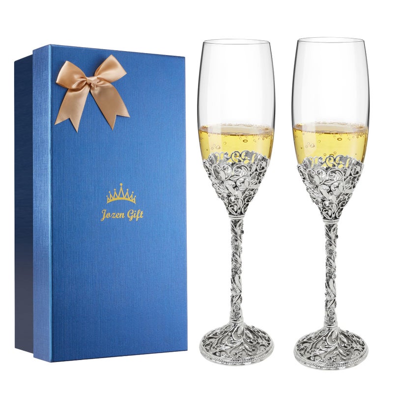 Jozen Gift Champagne Flutes -His And Hers Wedding Toasting Glasses For Engagement Celebrations  Bridal Shower And Registry Idea  Tall Wine Glasses For Bride And Groom Gifts 7Oz (Silver New) - Image 2