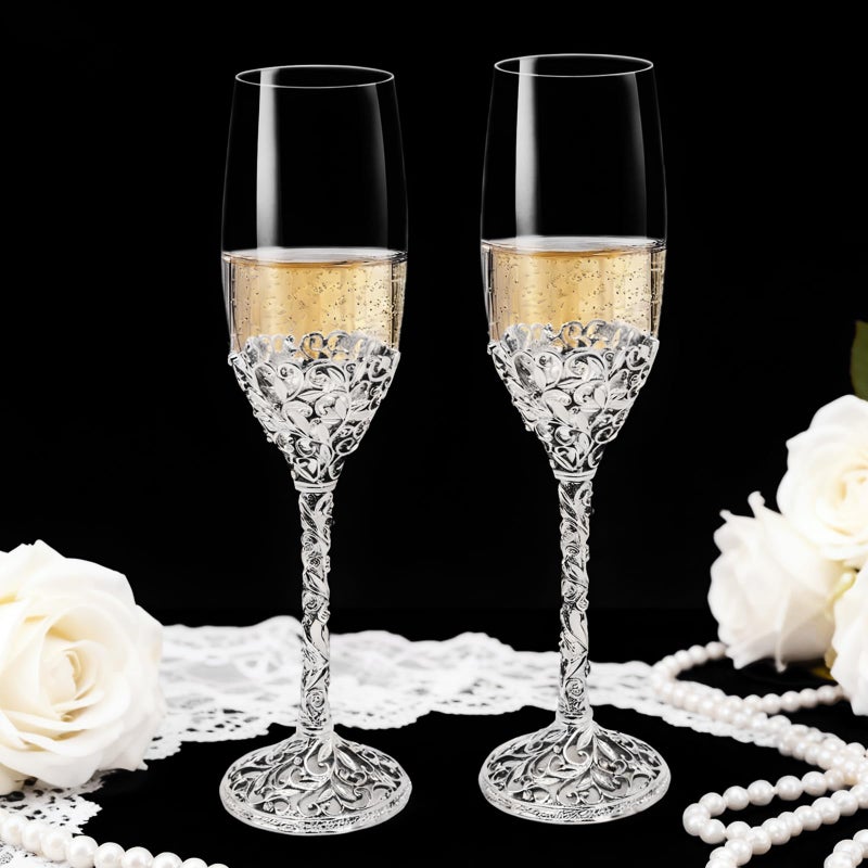 Jozen Gift Champagne Flutes -His And Hers Wedding Toasting Glasses For Engagement Celebrations  Bridal Shower And Registry Idea  Tall Wine Glasses For Bride And Groom Gifts 7Oz (Silver New) - Image 1