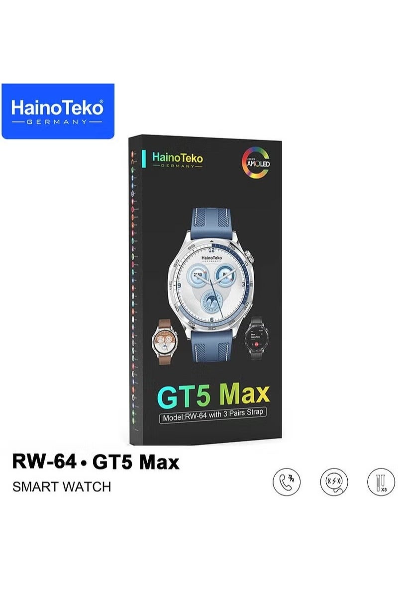Haino Teko Haino Teko RW-64 GT5 Max Smartwatch for Men – Large AMOLED Display, Voice Assistant, 3 Interchangeable Straps, Premium Blue Design - Image 3