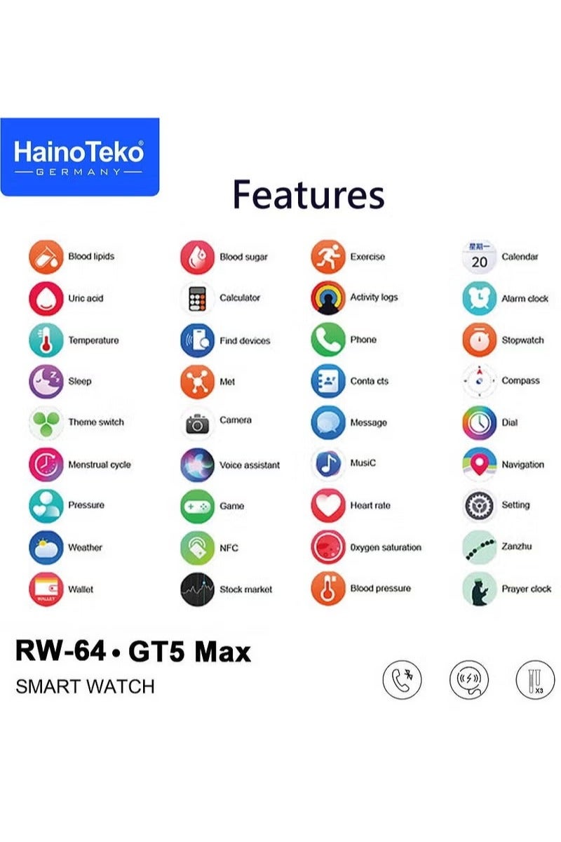 Haino Teko Haino Teko RW-64 GT5 Max Smartwatch for Men – Large AMOLED Display, Voice Assistant, 3 Interchangeable Straps, Premium Blue Design - Image 5