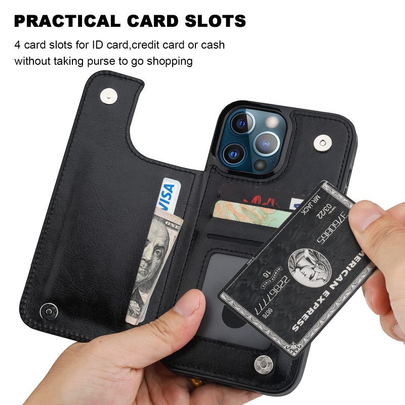 OT ONETOP ONETOP Compatible with iPhone 13 Pro Max Wallet Case with Card Holder,PU Leather Kickstand Card Slots Case, Double Magnetic Clasp and Durable Shockproof Cover 6.7 Inch(Black) - Image 4