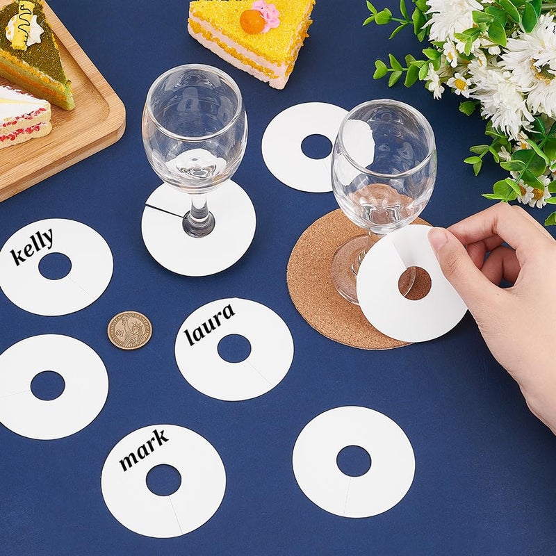 FINGERINSPIRE 150 Pcs Drink Name Tags for Wine Glasses Paper Wine Glass Markers Blank Glass Markers Tags 70mm in diameter Round White Cocktail Champagne Tags DIY Identification Markers for Party Guest - Image 3