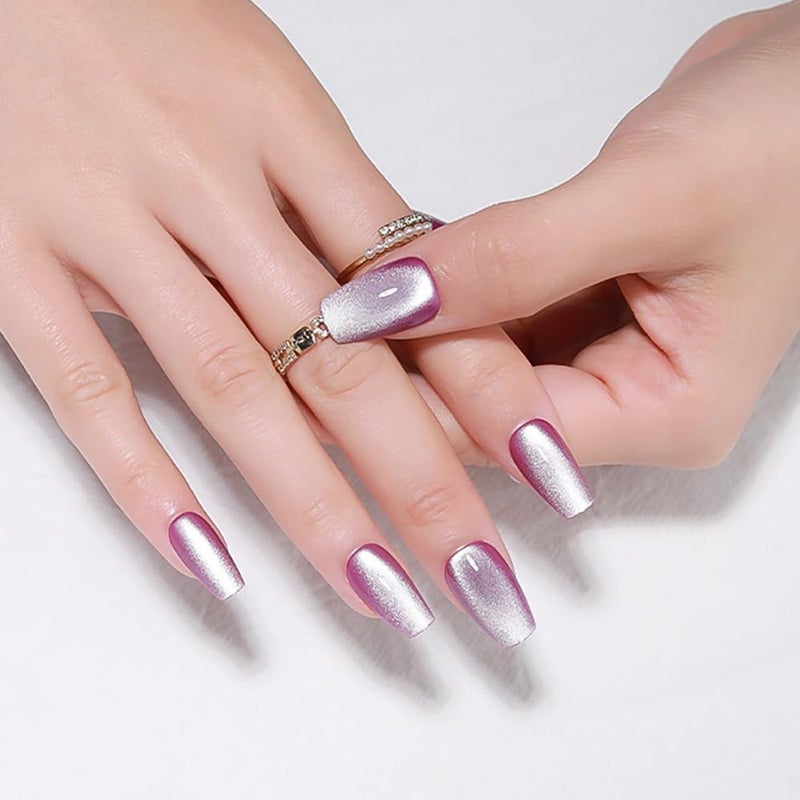 evpct Purple Cat Eye Coffin Press on Nails Square Medium, Medium Square Stick on Nails for Women Gift, Lavender Purple Metallic Glitter Glossy Reusable Summer Press on Fake Nail with Designs, 24Pcs - Image 2