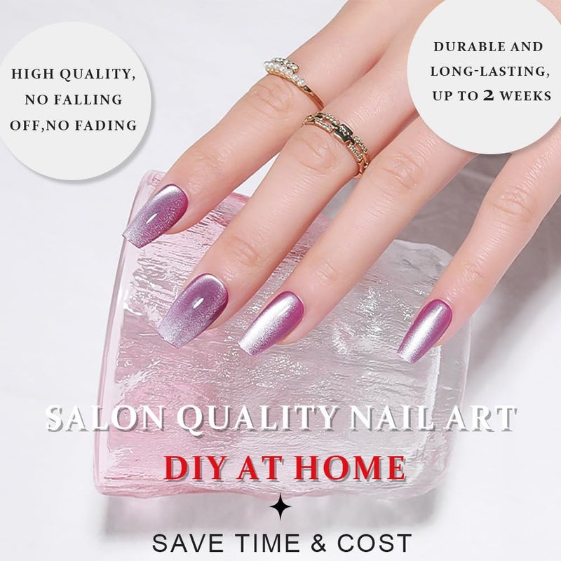 evpct Purple Cat Eye Coffin Press on Nails Square Medium, Medium Square Stick on Nails for Women Gift, Lavender Purple Metallic Glitter Glossy Reusable Summer Press on Fake Nail with Designs, 24Pcs - Image 5