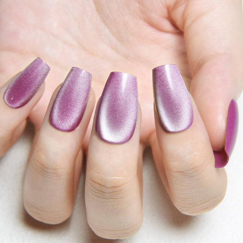 evpct Purple Cat Eye Coffin Press on Nails Square Medium, Medium Square Stick on Nails for Women Gift, Lavender Purple Metallic Glitter Glossy Reusable Summer Press on Fake Nail with Designs, 24Pcs - Image 4
