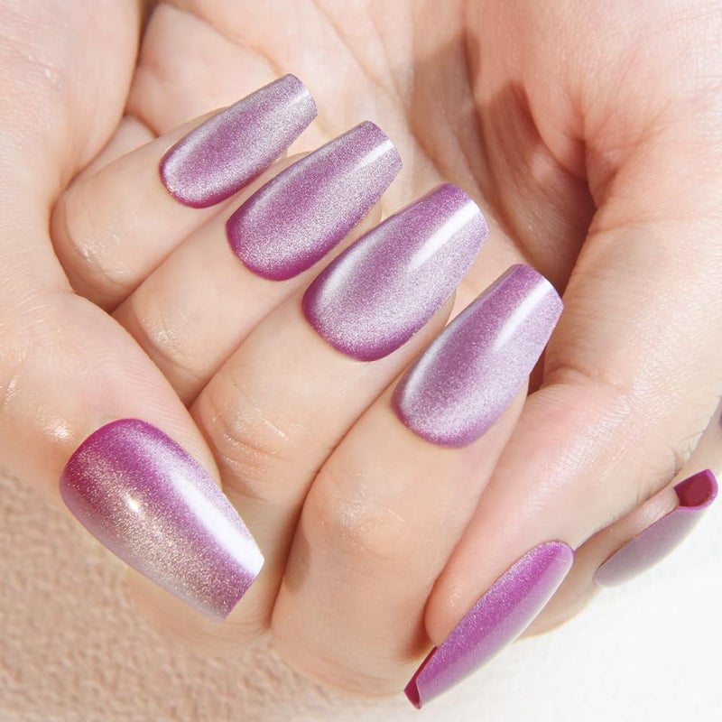 evpct Purple Cat Eye Coffin Press on Nails Square Medium, Medium Square Stick on Nails for Women Gift, Lavender Purple Metallic Glitter Glossy Reusable Summer Press on Fake Nail with Designs, 24Pcs - Image 3
