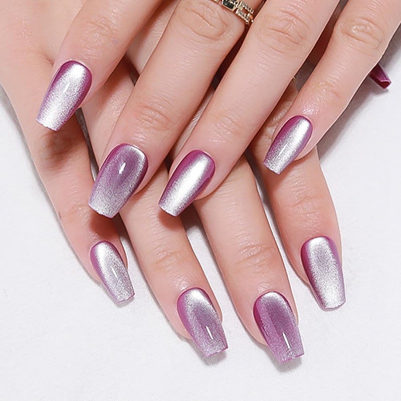 evpct Purple Cat Eye Coffin Press on Nails Square Medium, Medium Square Stick on Nails for Women Gift, Lavender Purple Metallic Glitter Glossy Reusable Summer Press on Fake Nail with Designs, 24Pcs - Image 1