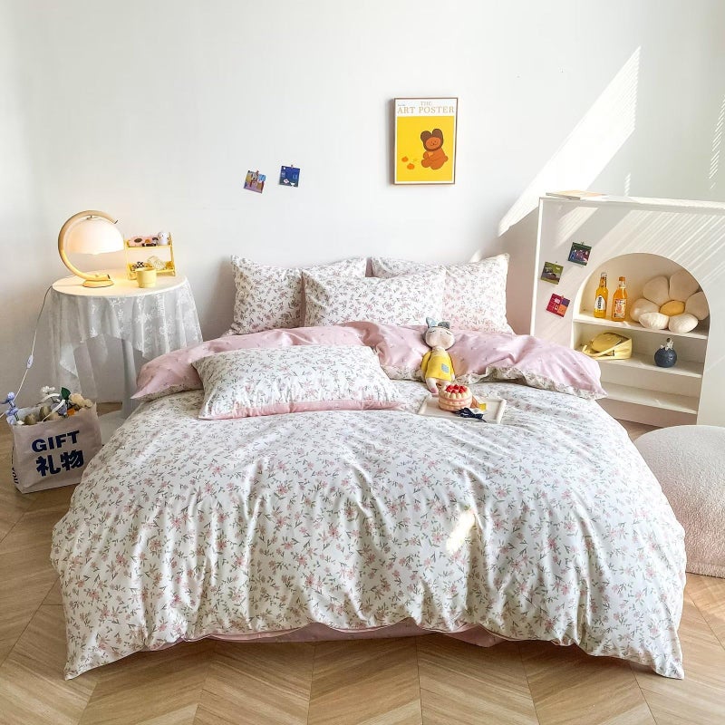 BuLuTu Pink Floral Duvet Cover Queen 100% Cotton Duvet Covers Set Full Size Women Teen Girls Apricot Blossom Pink Flowers Reversible Twin Comforter Cover Garden Style Bedding Set,Zipper,Easy Care - Image 1