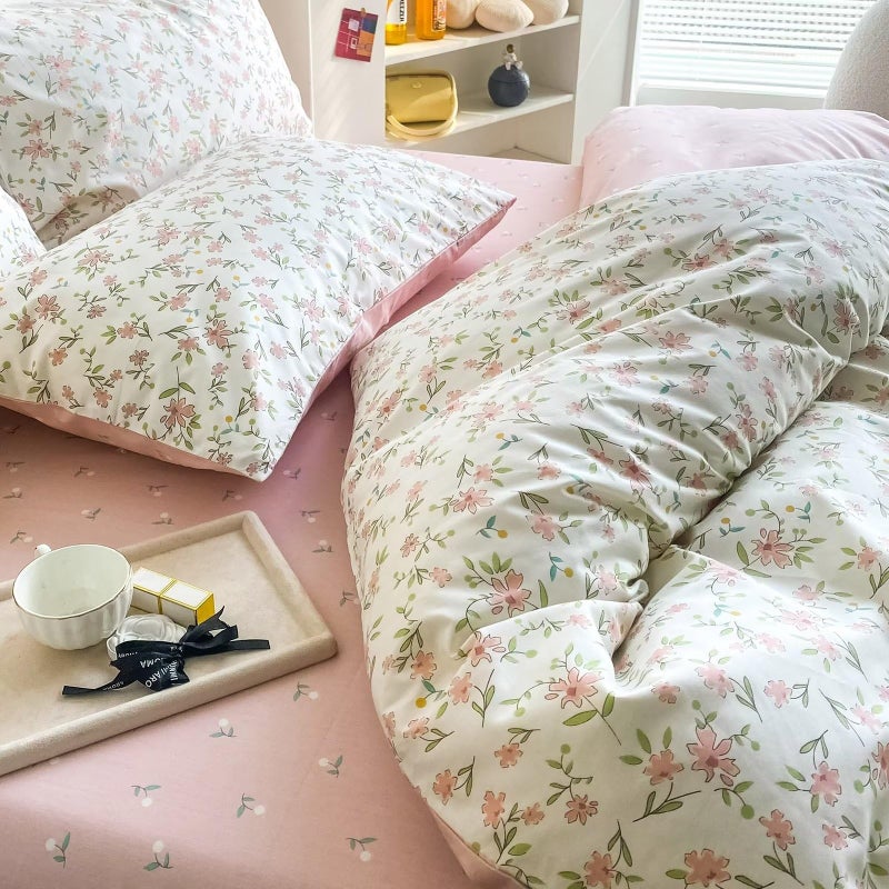 BuLuTu Pink Floral Duvet Cover Queen 100% Cotton Duvet Covers Set Full Size Women Teen Girls Apricot Blossom Pink Flowers Reversible Twin Comforter Cover Garden Style Bedding Set,Zipper,Easy Care - Image 4