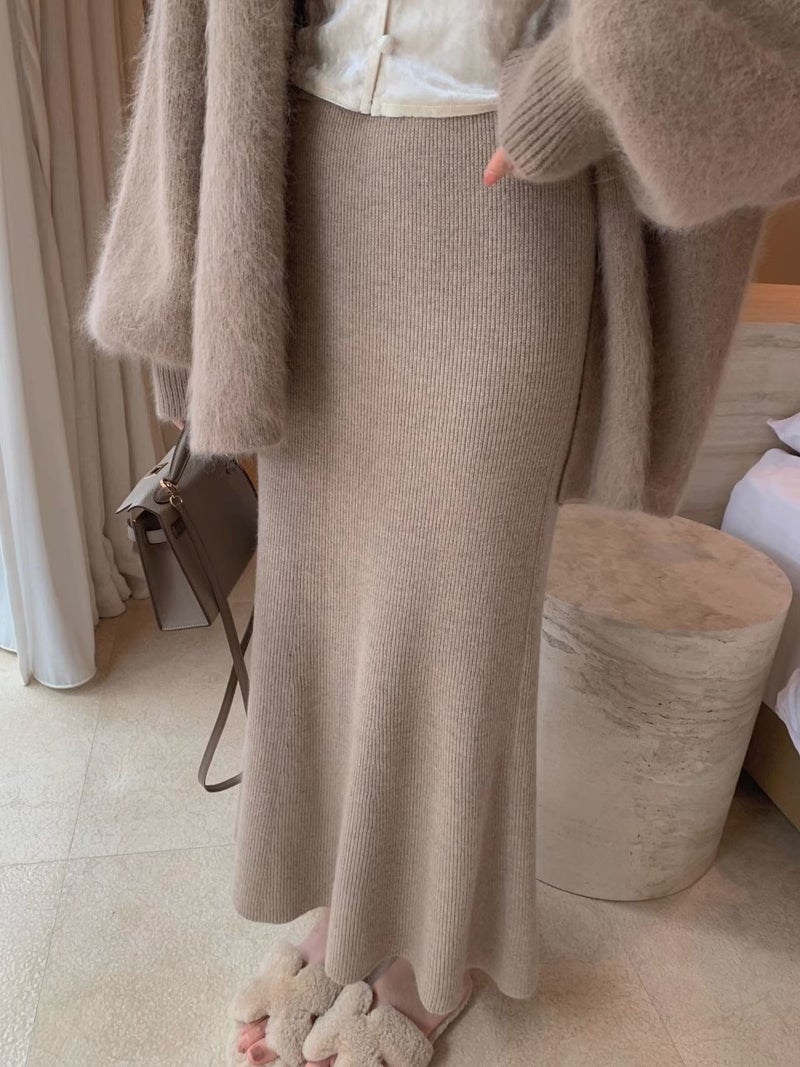 Small proportion of rabbit velvet fishtail knitted overskirt ~ new fishtail hip skirt ~ Pine pine light coffee