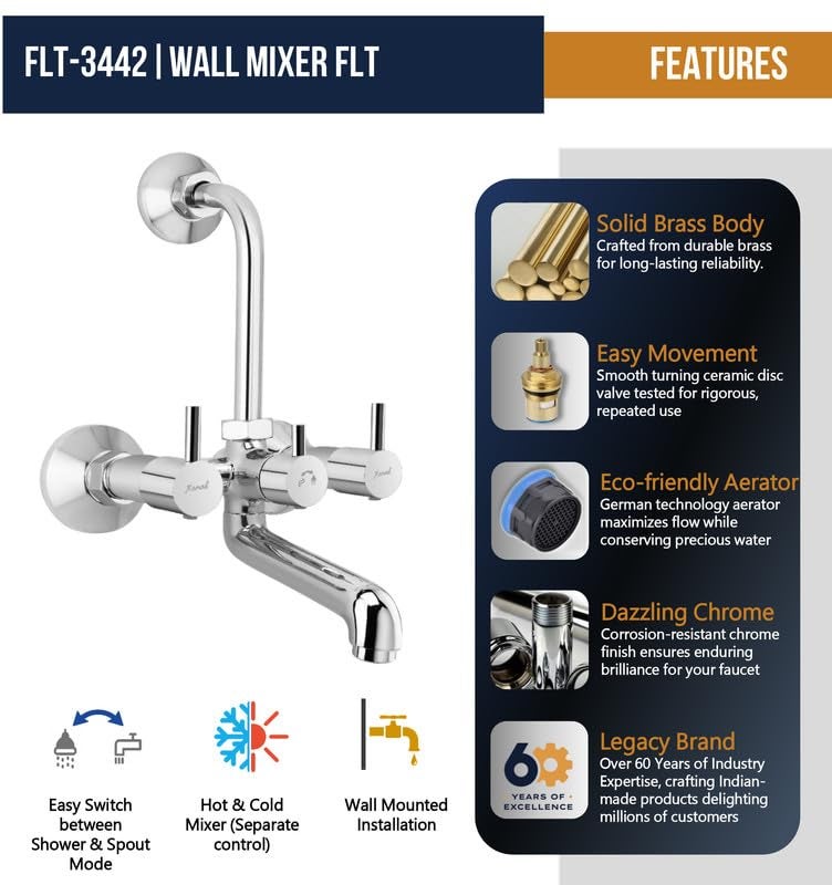 Kamal Kamal FLT3442 Full Brass Wall Mixer with Provision for Overhead Shower 165 mm Long Bend Pipe Wall Mount 3 Year Warranty Silver  - Image 3