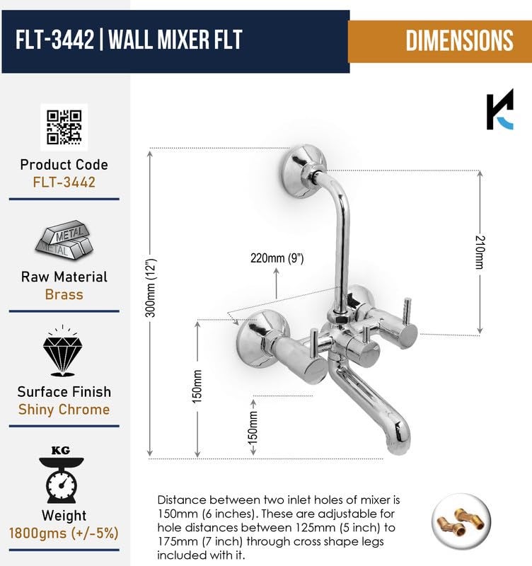 Kamal Kamal FLT3442 Full Brass Wall Mixer with Provision for Overhead Shower 165 mm Long Bend Pipe Wall Mount 3 Year Warranty Silver  - Image 4