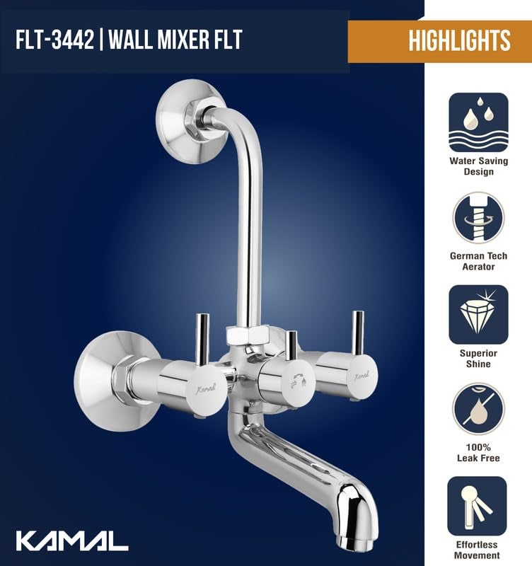 Kamal Kamal FLT3442 Full Brass Wall Mixer with Provision for Overhead Shower 165 mm Long Bend Pipe Wall Mount 3 Year Warranty Silver  - Image 2