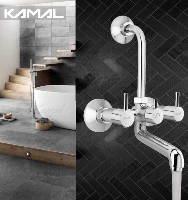 Kamal Kamal FLT3442 Full Brass Wall Mixer with Provision for Overhead Shower 165 mm Long Bend Pipe Wall Mount 3 Year Warranty Silver  - Image 5