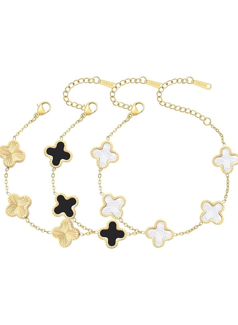 18K Gold Plated Bracelet Gold/White/Black Clover Bracelet Set Women Four Leaf Lucky Bracelet Jewelry Gift for Women Girls, Stainless Steel - Image 1