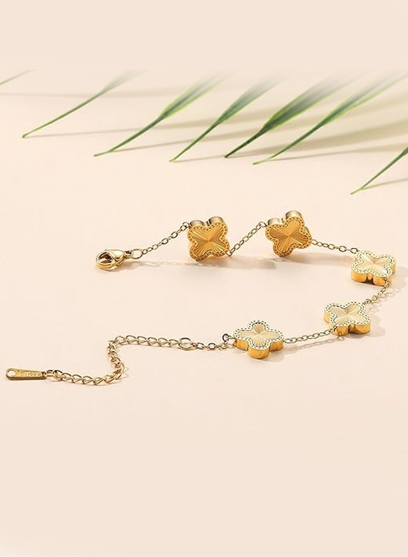 18K Gold Plated Bracelet Gold/White/Black Clover Bracelet Set Women Four Leaf Lucky Bracelet Jewelry Gift for Women Girls, Stainless Steel - Image 2