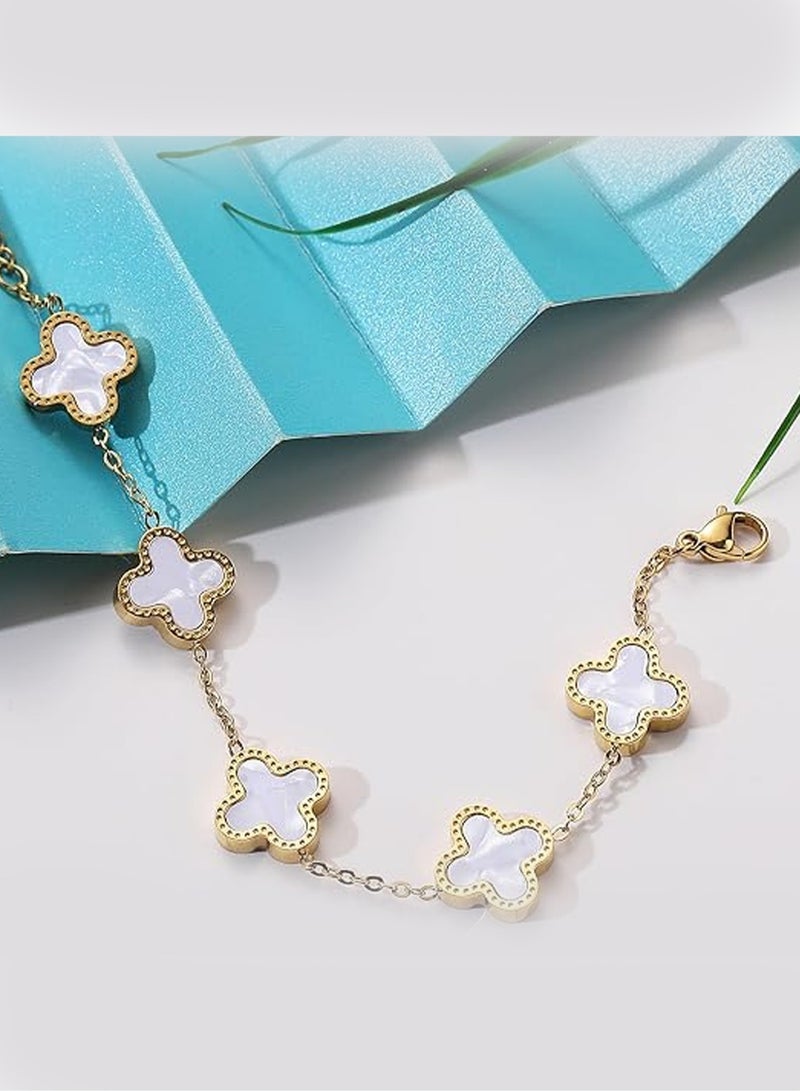 18K Gold Plated Bracelet Gold/White/Black Clover Bracelet Set Women Four Leaf Lucky Bracelet Jewelry Gift for Women Girls, Stainless Steel - Image 3