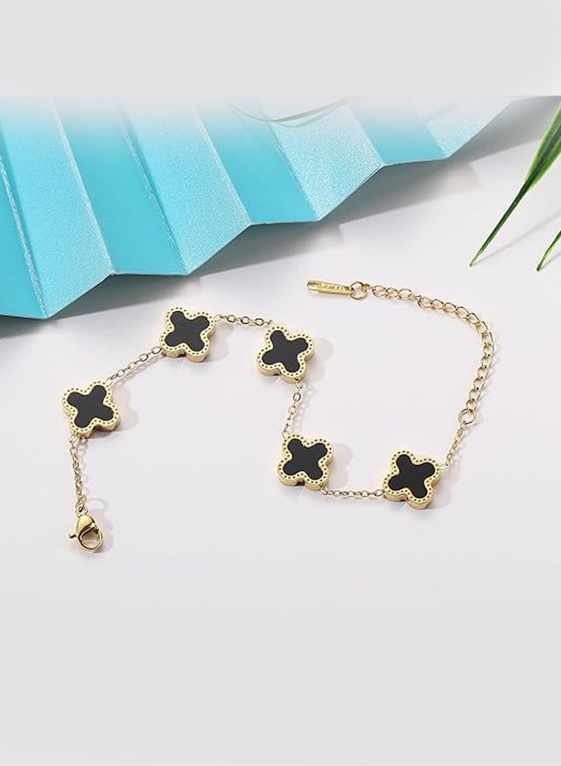 18K Gold Plated Bracelet Gold/White/Black Clover Bracelet Set Women Four Leaf Lucky Bracelet Jewelry Gift for Women Girls, Stainless Steel - Image 4